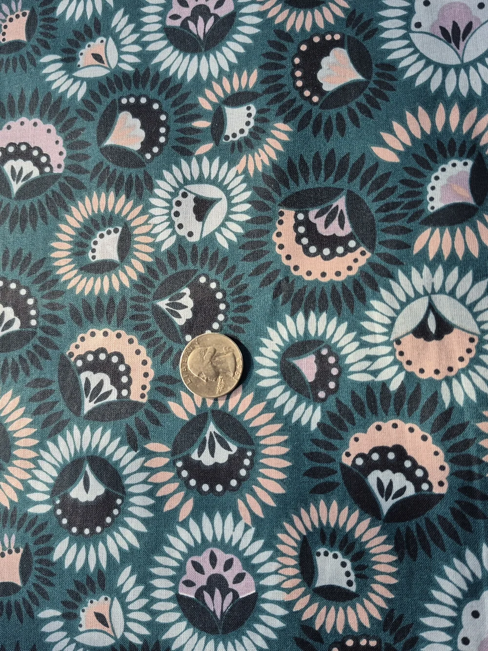 Floral Circles Cotton Fabric 2 Yards Blue Pink Black Quilting Sewing Crafts